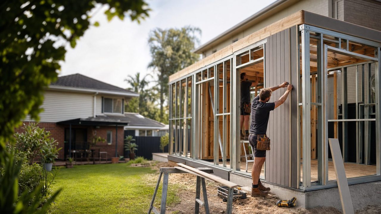 Illustrative backyard dwelling under construction with framing and exterior cladding