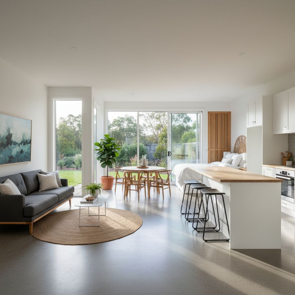 Interior of a completed granny flat with open-plan living