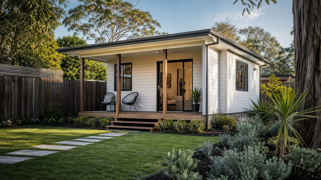 Illustrative small detached dwelling with a covered porch in a garden